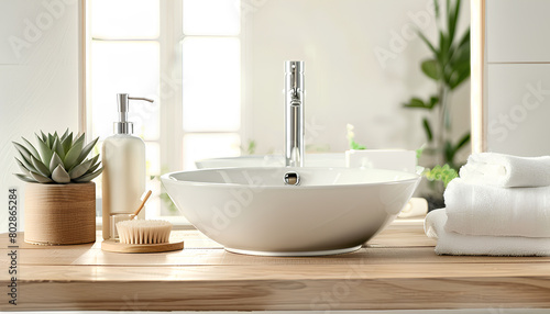 Table with sink bowl  soap dispenser and bath accessories in bathroom