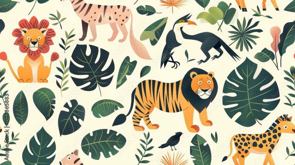 Obraz premium Cute cartoon animals and plants. Seamless pattern with lion, tiger, leopard, giraffe, leaves, flowers, and birds on a light background. Vector illustration.