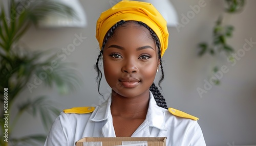 Young african american woman wearing volunteer uniform holding donations box photo