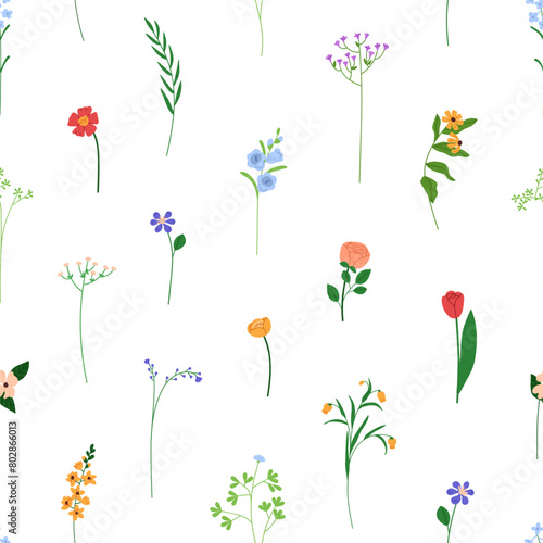 Floral seamless pattern, repeating background. Endless texture, field flowers, summer blooms, branches, tiny wildflowers. Botanical natural flat vector illustration for textile, wallpaper, wrapping