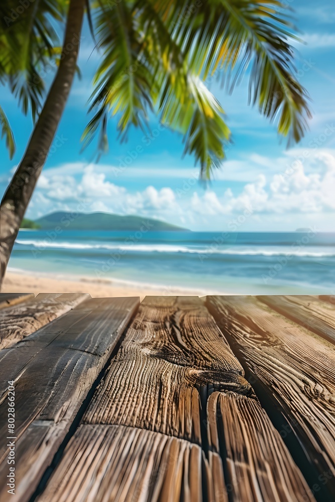 wooden table with a view of the beach and palm trees in the background, minimalistic photography for product showcase wooden table with a view of the beach and palm trees in the background, minimalistic photography for product showcase