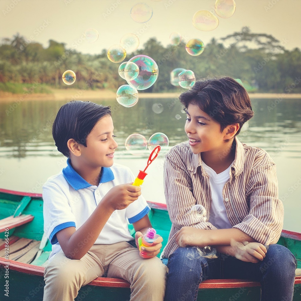Two boy playing with soap bubbles Two boy playing with soap bubbles