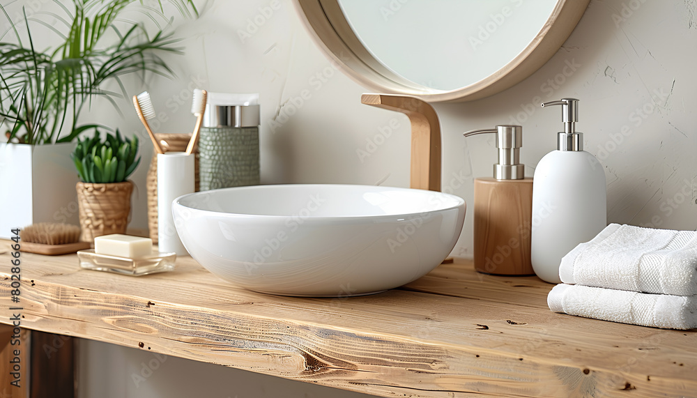 Table with sink bowl, soap dispenser and bath accessories in bathroom Table with sink bowl, soap dispenser and bath accessories in bathroom