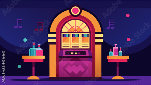 The main attraction of the bar is the large glowing jukebox that invites guests to pick their favorite tunes to boogie to. Vector illustration photo