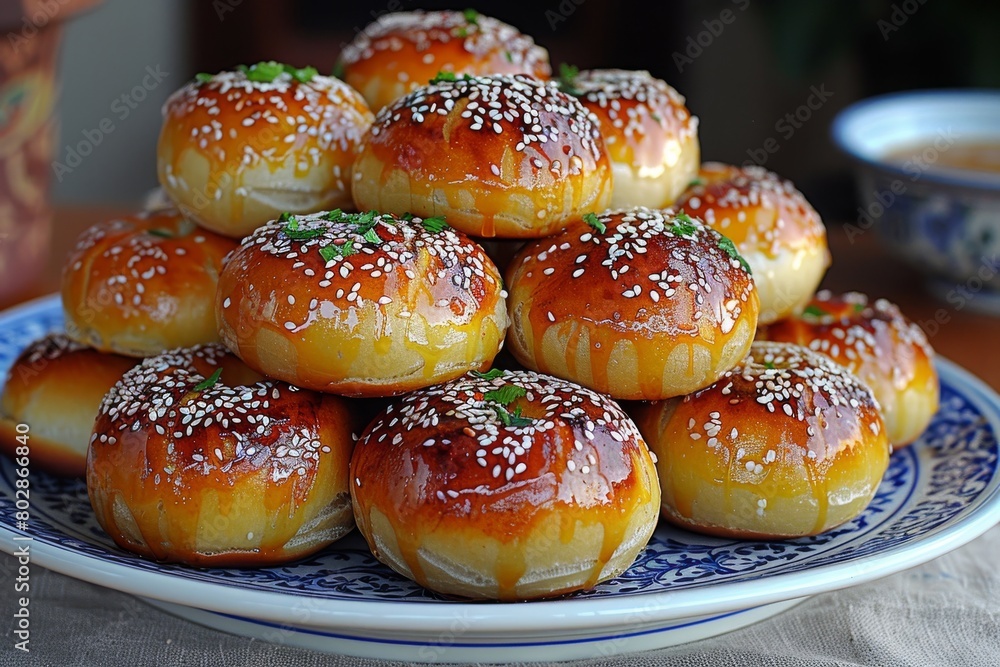 Blue and White Plate With Sesame Seed-Covered Rolls Blue and White Plate With Sesame Seed-Covered Rolls