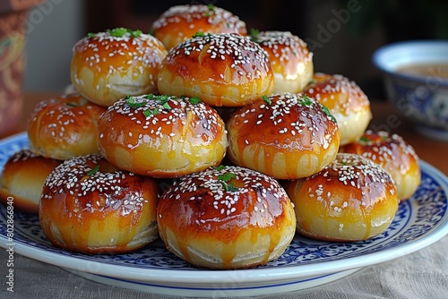 Blue and White Plate With Sesame Seed-Covered Rolls