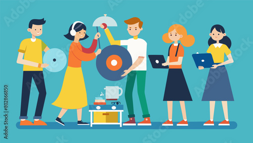 Under the tutelage of a knowledgeable teacher a group of teenagers carefully clean and care for a collection of vinyl records. Vector illustration