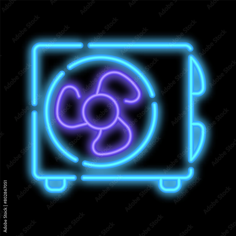 Glowing Air conditioner unit with fan. Room cooling and heating. Maintaining comfortable temperature. Night advertising sign element. Glowing neon icon isolated on black background Glowing Air conditioner unit with fan. Room cooling and heating. Maintaining comfortable temperature. Night advertising sign element. Glowing neon icon isolated on black background