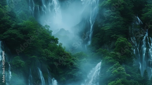 The image is a beautiful landscape of a waterfall in a jungle