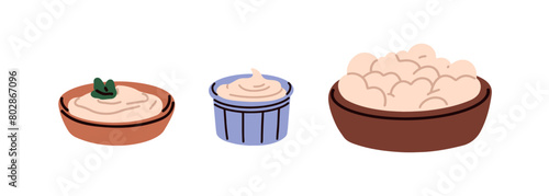 Dairy products served in bowls. Yogurt, sour cream, cottage cheese, curds dishes, pots set. Fresh milk food, healthy organic natural goods. Flat vector illustration isolated on white background