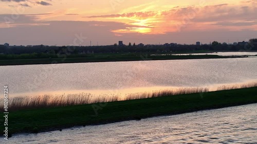 Sunset Over Tranquil Nature Of Hendrik-Ido-Ambacht In South Holland, The Netherlands. Aerial Shot photo