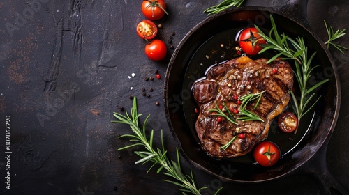 Grilled meat Top Blade steaks on frying pan on dark background.