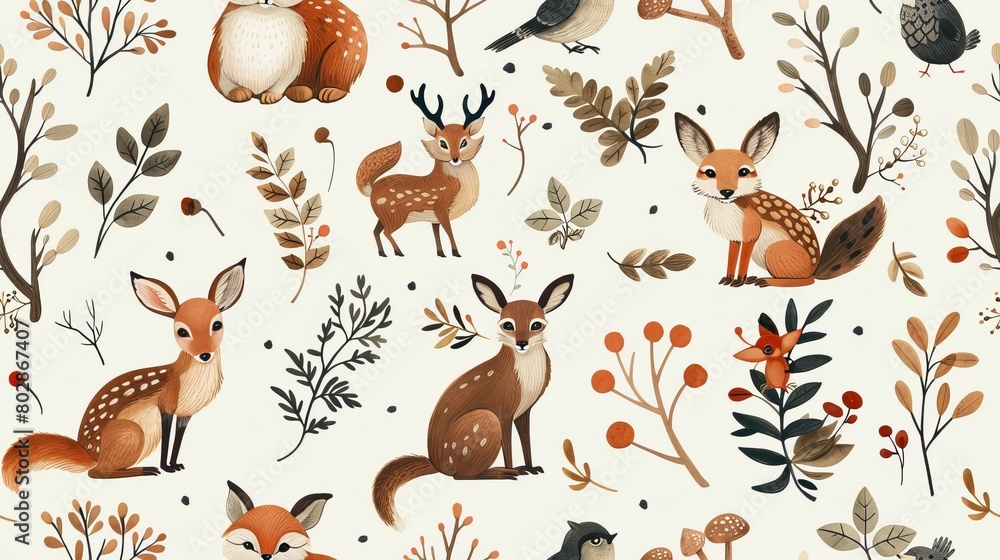 The image is a seamless pattern of cute woodland animals and plants The image is a seamless pattern of cute woodland animals and plants