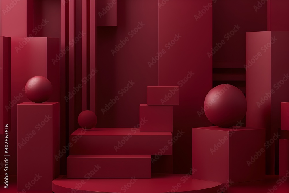 Abstract minimal background with geometric shapes in dark red color, display product podium for presentation design. Vector illustration of geometry scene in brown tones.
Abstract minimal background with geometric shapes in dark red color, display product podium for presentation design. Vector illustration of geometry scene in brown tones.