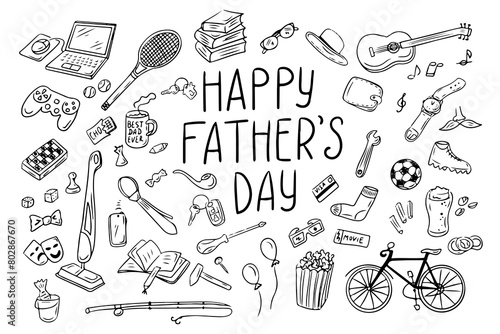 Happy Fathers day doodle outline set. Monochrome black contour isolated elements on white background. Holiday party concept. Good for coloring pages, stickers