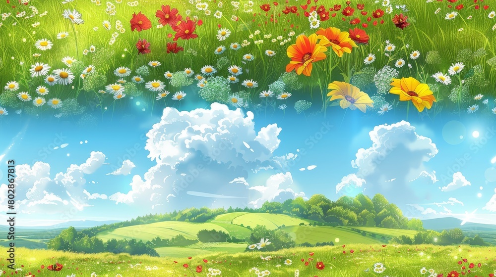 The image shows a beautiful landscape with green hills, a blue sky, and a variety of flowers in the foreground.