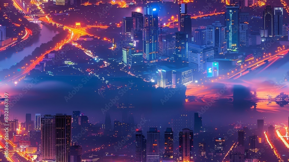 The image shows a beautiful sunset over a futuristic city The image shows a beautiful sunset over a futuristic city