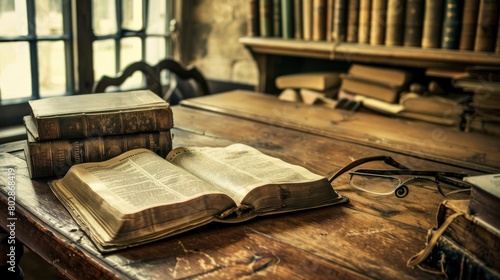 Ancient retro scribes desk with a mysterious Bible translating Old Testament wisdom into the modern age photo