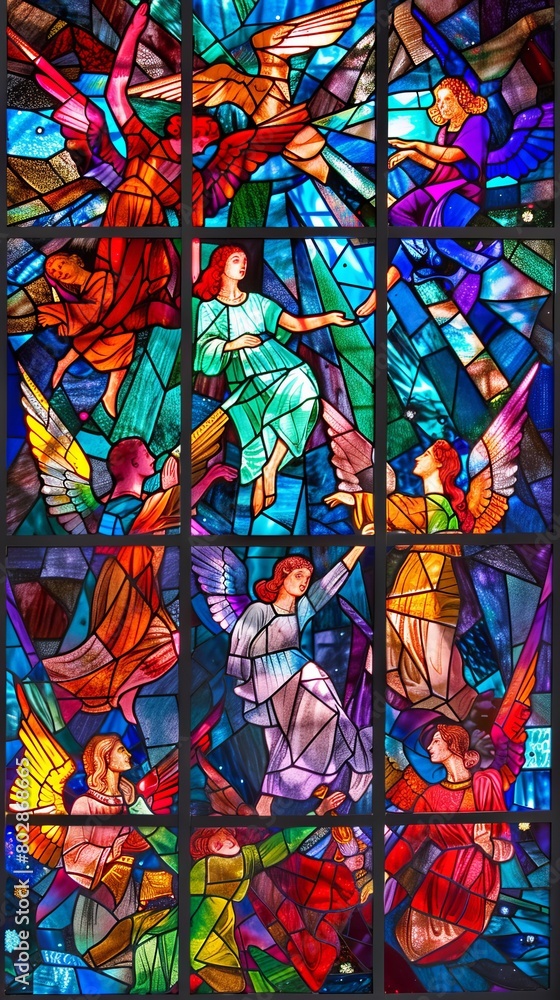 Stained glass masterpiece detailed angels in a tapestry of colors