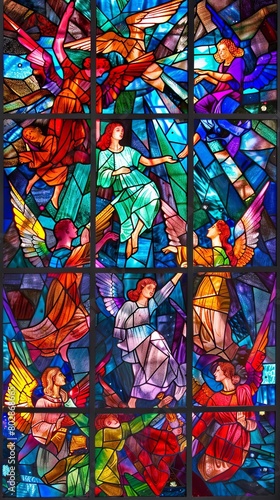 Stained glass masterpiece detailed angels in a tapestry of colors