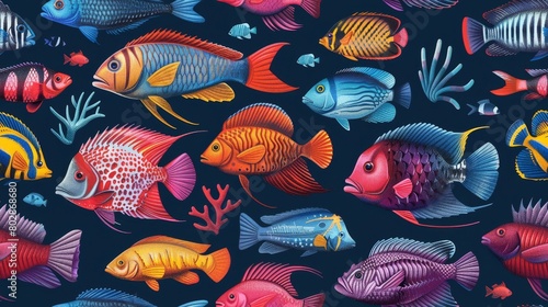 This is an image of a variety of colorful fish. The fish are all different shapes and sizes and are swimming in different directions. The background is a dark blue color.