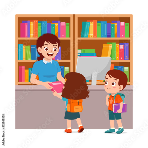 little kid and friend ask librarian to borrow book from the library