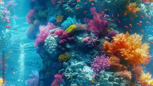 Underwater image of a coral reef with many colorful fish swimming around.