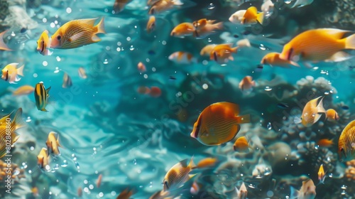 Underwater image of a school of bright colored fish swimming in a blue ocean.