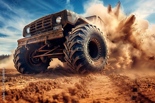 An off-road monster truck kicks up dirt as it conquers rugged terrain. Its massive wheels churn the earth, leaving a trail of dust behind. photo