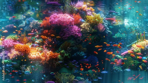 Underwater image of a coral reef with many tropical fish swimming around in the clear blue water.