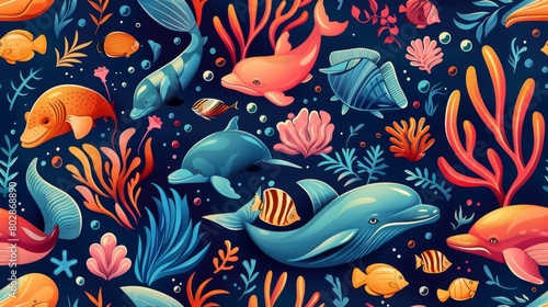 Underwater world. Seamless pattern with hand drawn cute fishes  corals and seaweeds. Bright colors.