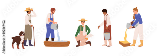 Farmers, farm workers set. Countryside rural agriculture work, carrying bucket, pouring water and food for feeding, animal care in village. Flat vector illustration isolated on white background