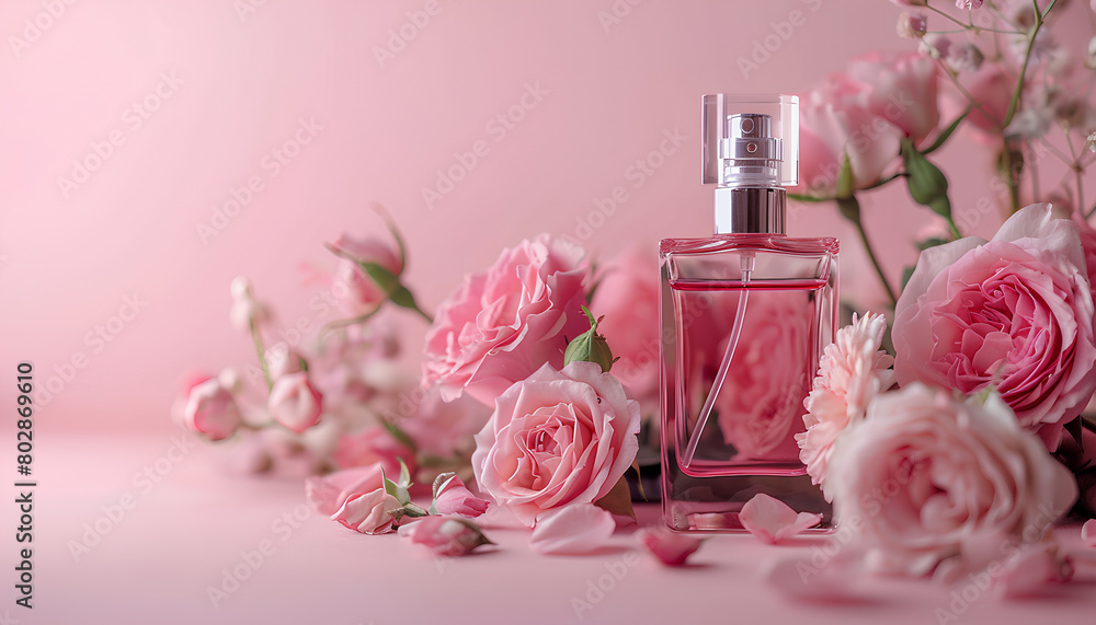 Beautiful composition with bottle of perfume and rose flowers on pink background Beautiful composition with bottle of perfume and rose flowers on pink background