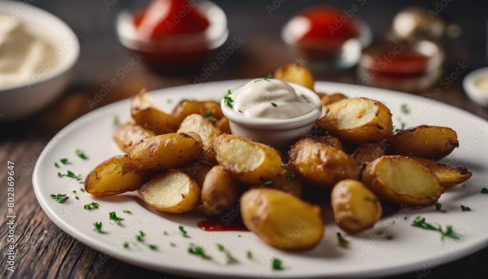 fried potatoes on a white porcelain plate with ketchup
