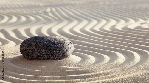 Sea stone on the sand with wavy lines  a symbol of harmony
