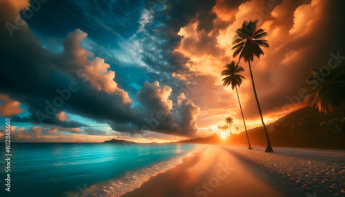 Tropical Serenity: Palm Trees and Sunset on a Secluded Beach