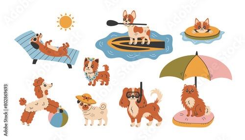 Dog Summer Beach Activity Vector Set. Collection of Funny cartoon purebred Puppies illustrations with accessories in flat style.