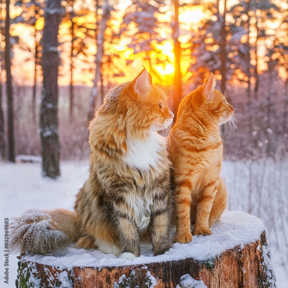 Cats seating on tree stump in winter forest during snowfall and looking at the sunset Cats seating on tree stump in winter forest during snowfall and looking at the sunset