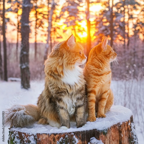 Cats seating on tree stump in winter forest during snowfall and looking at the sunset