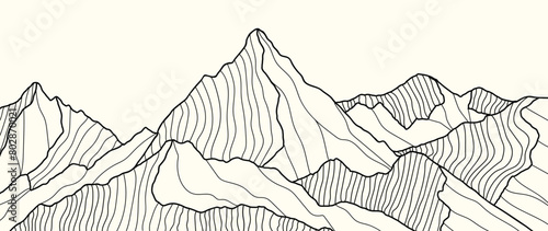 Mountain hand drawn line art background vector. lanscape wallpaper design for home deco, poster, wall art, fabric , banner. 