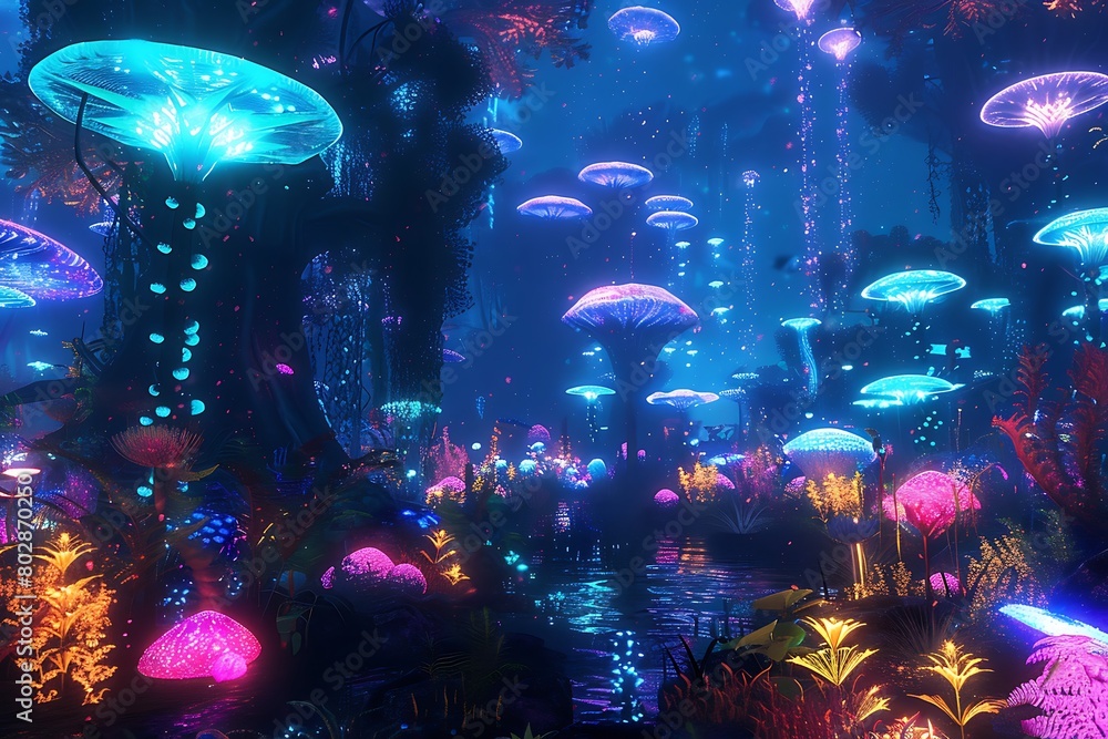An underwater city glowing with bioluminescent plants and creatures.