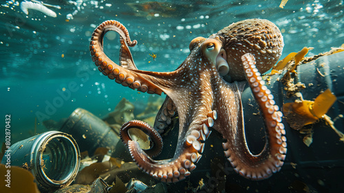 The concept of environmental pollution is represented by an iron can alongside an octopus residing at the depths of the underwater world photo