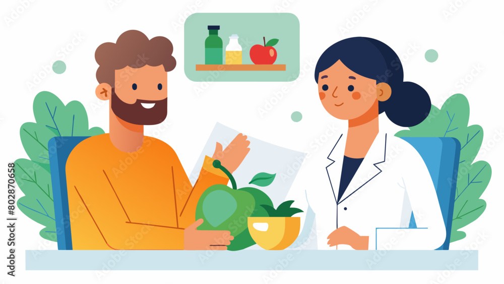 A patient meeting with a nutritionist to discuss dietary changes that could potentially improve their health and wellbeing.. A patient meeting with a nutritionist to discuss dietary changes that could potentially improve their health and wellbeing..