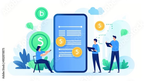 Digital wallet transactions cartoon illustration - Generative AI. Smartphone, people, coin, dollar.