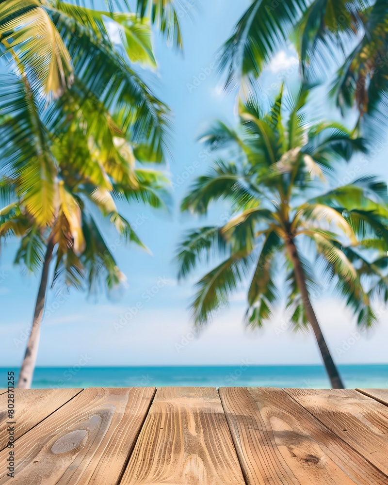 wooden table with a view of the beach and palm trees in the background, minimalistic photography for product showcase wooden table with a view of the beach and palm trees in the background, minimalistic photography for product showcase