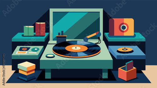A vintage record player sits on a sleek modern table contrasting the old and new influences found in the producers music collection. Vector illustration
