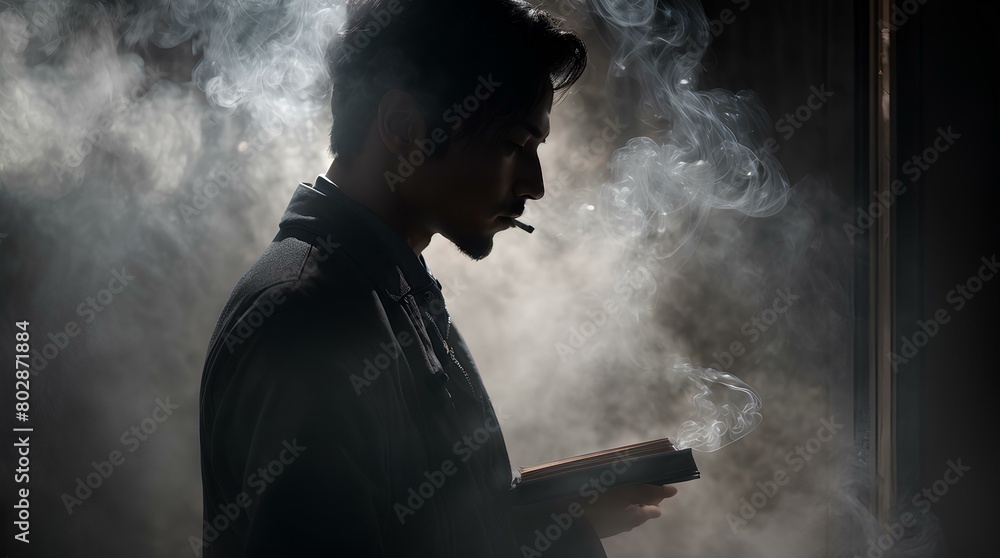 Mysterious Silhouette: Man with Book in Smoky Grayscale Ambiance Mysterious Silhouette: Man with Book in Smoky Grayscale Ambiance
