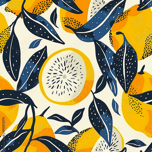abstract seamless pattern with lemons, circles, dots. Stylized citrus fruit repeated background. Colorful endless print for fabric or paper.