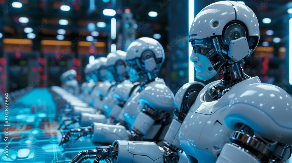 Fototapeta premium Advanced robots gathered around a futuristic digital business strategy table