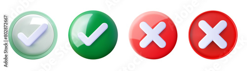 Set Check and Cross Icons in Red and Green Colors. Vivid collection of 3D rendered icons featuring check marks in green and cross marks in red, ideal for visualizing choices, decisions, and feedback. © ZinetroN